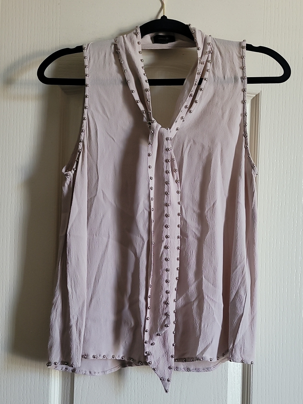 Stud-Trim Tie-Neck Top in Light Mauve